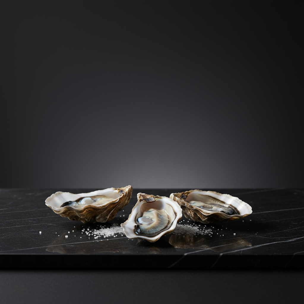 A minimalist still life of three oyster shells arranged in a quiet triangle on a slab of honed black marble, their exteriors rough and chalky, their interiors luminous with pearly whites and soft blues. Between them, a thin line of scattered sea salt crystals glitters. The background is a smooth, deep charcoal gradient, uncluttered and serene. A single, soft overhead spotlight creates dramatic yet refined highlights on the shells’ curves and subtle reflections on the marble, casting delicate, elongated shadows. Photographic realism, captured straight-on with a shallow depth of field and strong negative space, evoking a sophisticated, almost metaphysical sense of poetic symbolism.