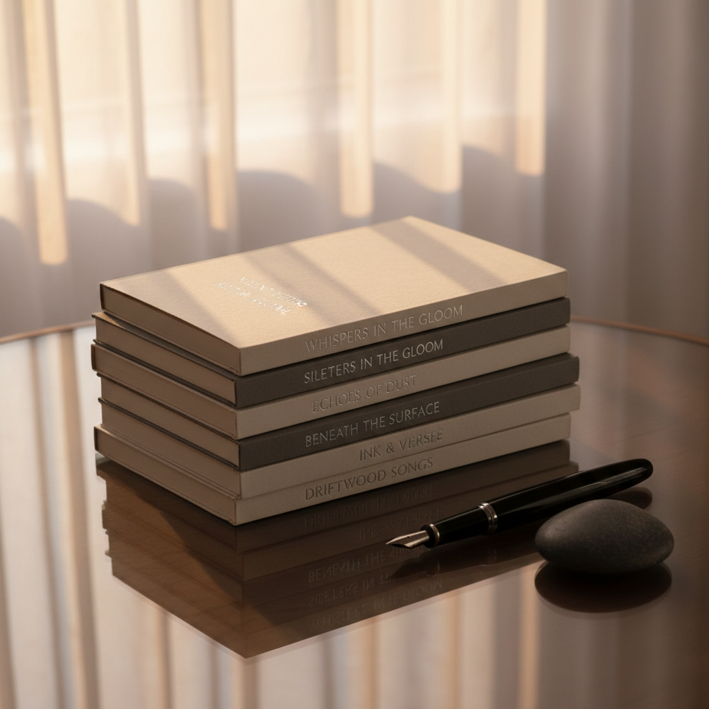 A stack of slim, minimalist poetry chapbooks with textured, off-white and muted-gray covers, their titles embossed in understated silver foil, arranged neatly on a smoked-glass tabletop. Beside them lies a single polished black fountain pen and a small, smooth river stone. Late afternoon light filters through sheer curtains, bathing the scene in a warm, subdued glow with crisp but delicate shadows. The glass surface reflects faint, ghostlike duplications of the books, enhancing the refined atmosphere. Photographic realism, captured from a slightly overhead angle with balanced composition, conveying a sophisticated, literary mood suited to thoughtful reading and quiet reflection.