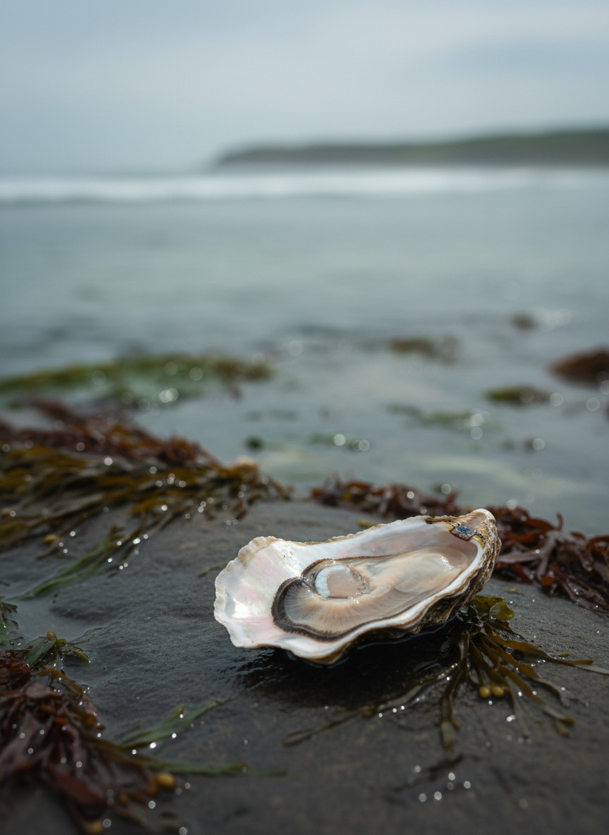 A solitary, iridescent oyster shell resting on a wet, charcoal-gray rock at low tide, its interior catching hints of rose, silver, and pale gold. Around it, fragments of seaweed and tiny pools of water glisten. Overcast coastal light softens the scene, creating gentle reflections on the shell’s surface and a hushed atmosphere. The sea lies blurred in the distance, a muted blue-green band at the horizon. Photographic realism, shot from a slightly elevated angle using the rule of thirds, with a shallow depth of field to keep the oyster shell in sharp, contemplative focus while the background fades into soft bokeh, evoking a quiet, sophisticated sense of marine poetry.