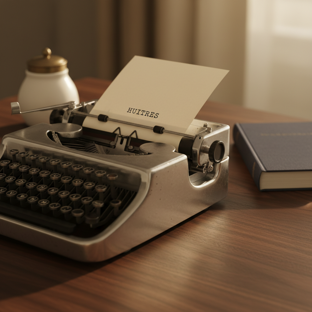 A close-up of a vintage, chrome mechanical typewriter on a deep walnut desk, a fresh sheet of creamy paper rolled into the platen bearing only a single, centered word: “Huitres.” Tiny flecks of ink and subtle wear on the metal keys add character and history. A porcelain inkwell and a closed, navy cloth-bound book sit slightly out of focus at the edges of the frame. Gentle golden hour light streams from the right, catching the metallic highlights and creating a rich interplay of shadow and gleam. Photographic realism, shot at a low, side angle with shallow depth of field, producing an intimate, sophisticated atmosphere of beginnings and unwritten poems.