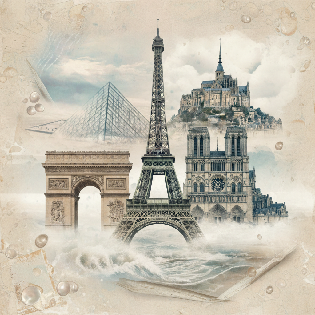 A sophisticated collage featuring iconic French landmarks including the Eiffel Tower, Arc de Triomphe, Louvre Pyramid, Notre-Dame Cathedral, and Mont Saint-Michel arranged artistically together. The style should be elegant and slightly surreal, with muted coastal tones that match a refined poetry website. No text, just architecture and subtle background textures.
